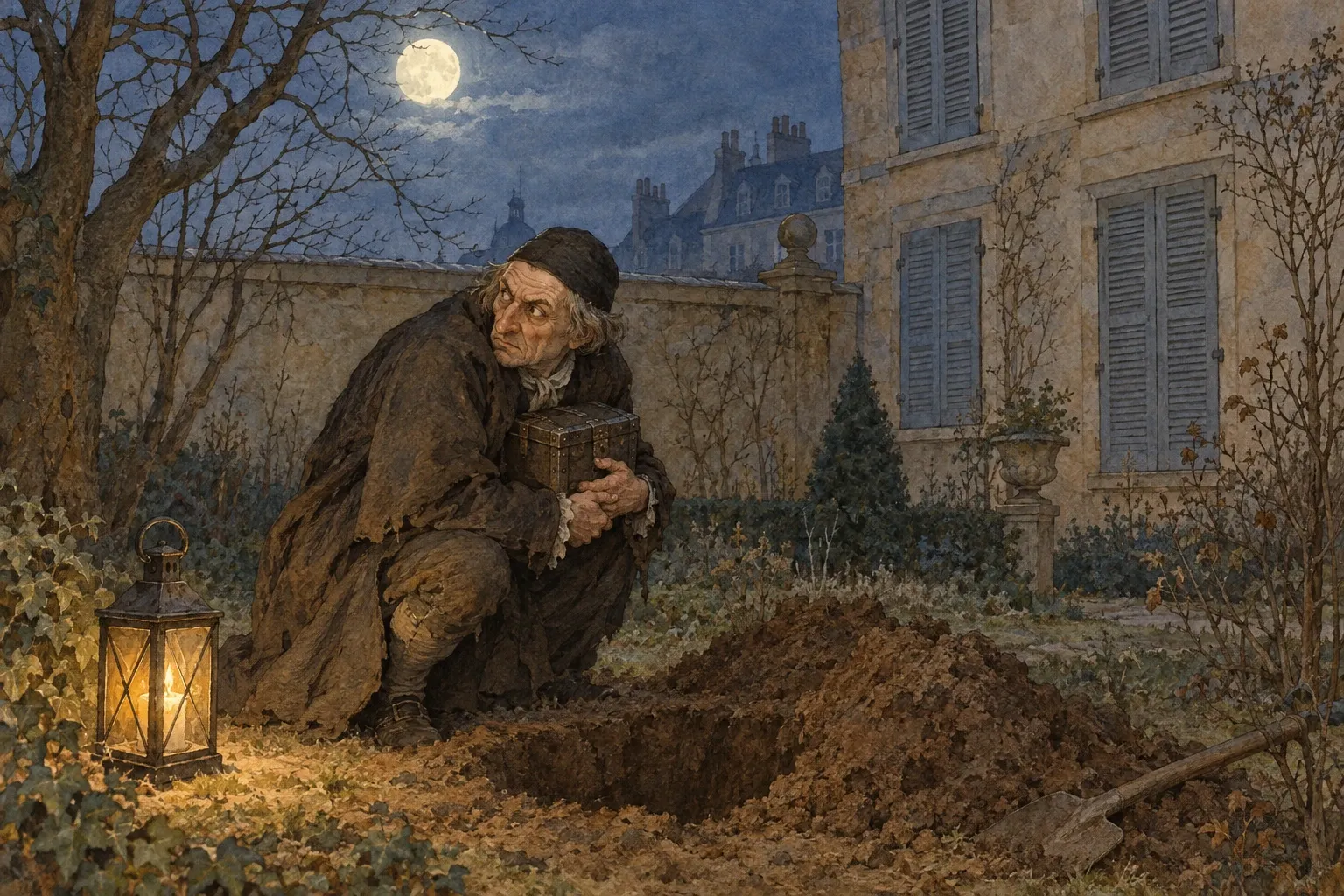 Stary Harpagon nocą w ogrodzie kurczowo przyciska do piersi szkatułkę z pieniędzmi i podejrzliwie rozgląda się na boki.