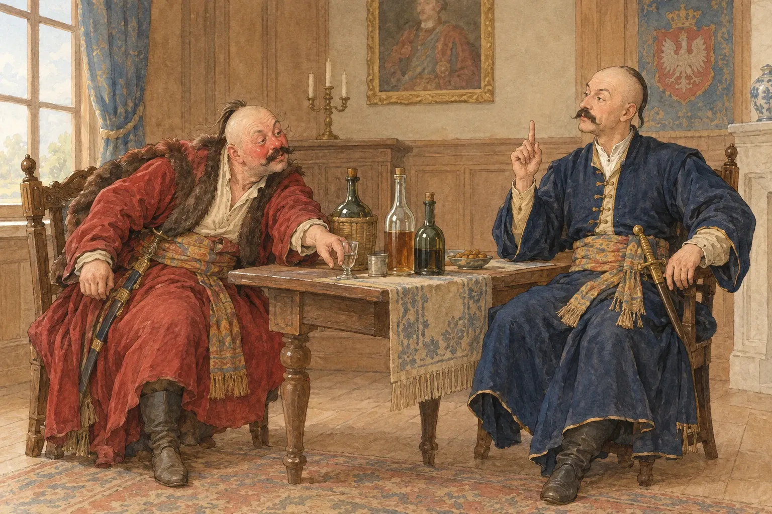 Dwóch osiemnastowiecznych szlachciców w kontuszach siedzi przy stole z butelkami: jeden z przejęciem opowiada o kolejnych biesiadach, drugi go poucza.