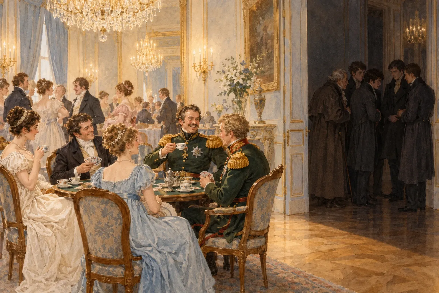 W eleganckim salonie arystokraci i rosyjscy generałowie w mundurach przy stolikach rozmawiają i piją herbatę, a przy drzwiach grupka młodych ludzi i dwóch starych Polaków po cichu mówi o represjach.