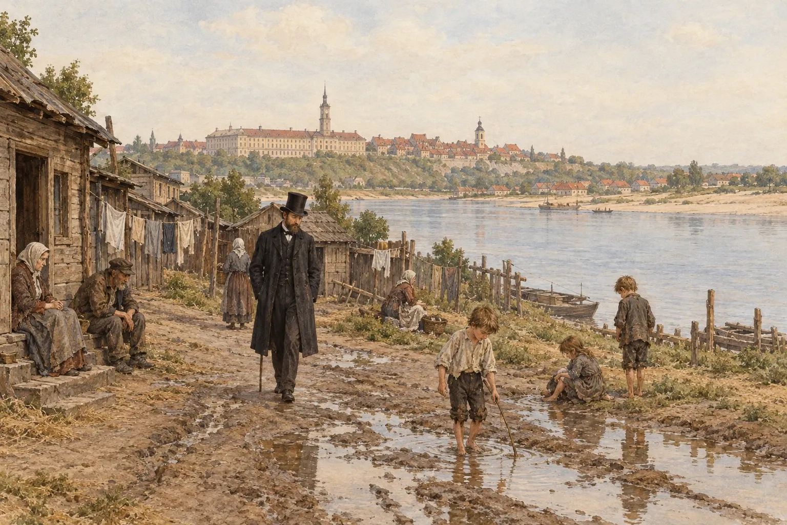 Wokulski idzie błotnistą uliczką nad Wisłą wśród ubogich lepianek i ludzi w łachmanach, a w oddali nad skarpą widać zabudowę Warszawy.