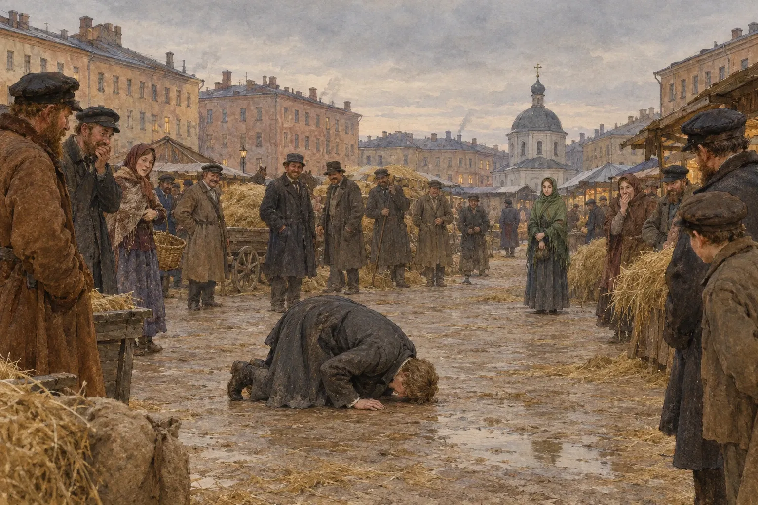 Na zatłoczonym placu w Petersburgu Raskolnikow klęka i całuje ziemię, a przechodnie zatrzymują się i patrzą na niego ze zdziwieniem.