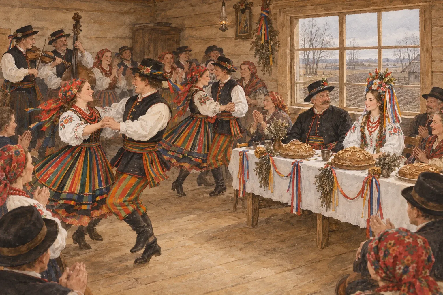 W dużej wiejskiej izbie trwa huczne wesele: pary w barwnych strojach łowickich tańczą, a Boryna i Jagna siedzą w honorowym miejscu przy stole.