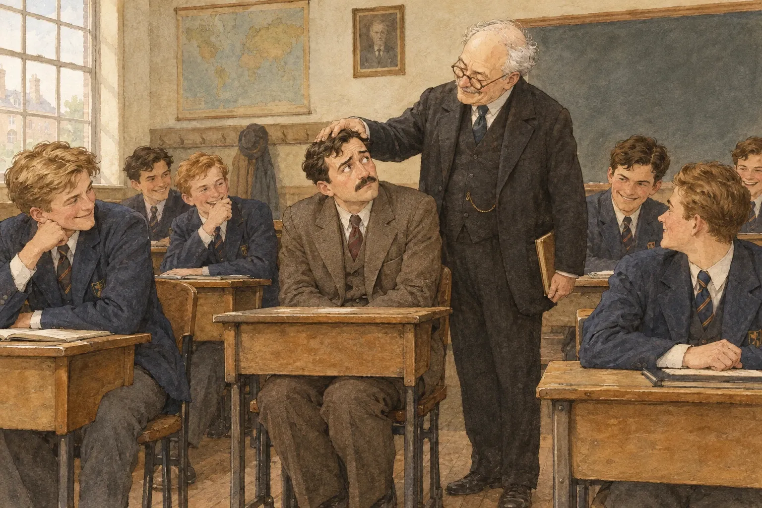 Dorosły mężczyzna siedzi ściśnięty w szkolnej ławce wśród nastolatków, a nad nim stoi starszy profesor i patrzy na niego z pobłażaniem jak na dziecko.