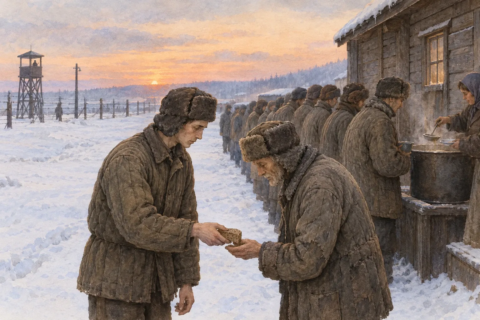 O zmierzchu wychudzeni więźniowie w watowanych kurtkach stoją w śniegu w kolejce po zupę, a jeden z nich po cichu oddaje kawałek chleba słabszemu towarzyszowi.