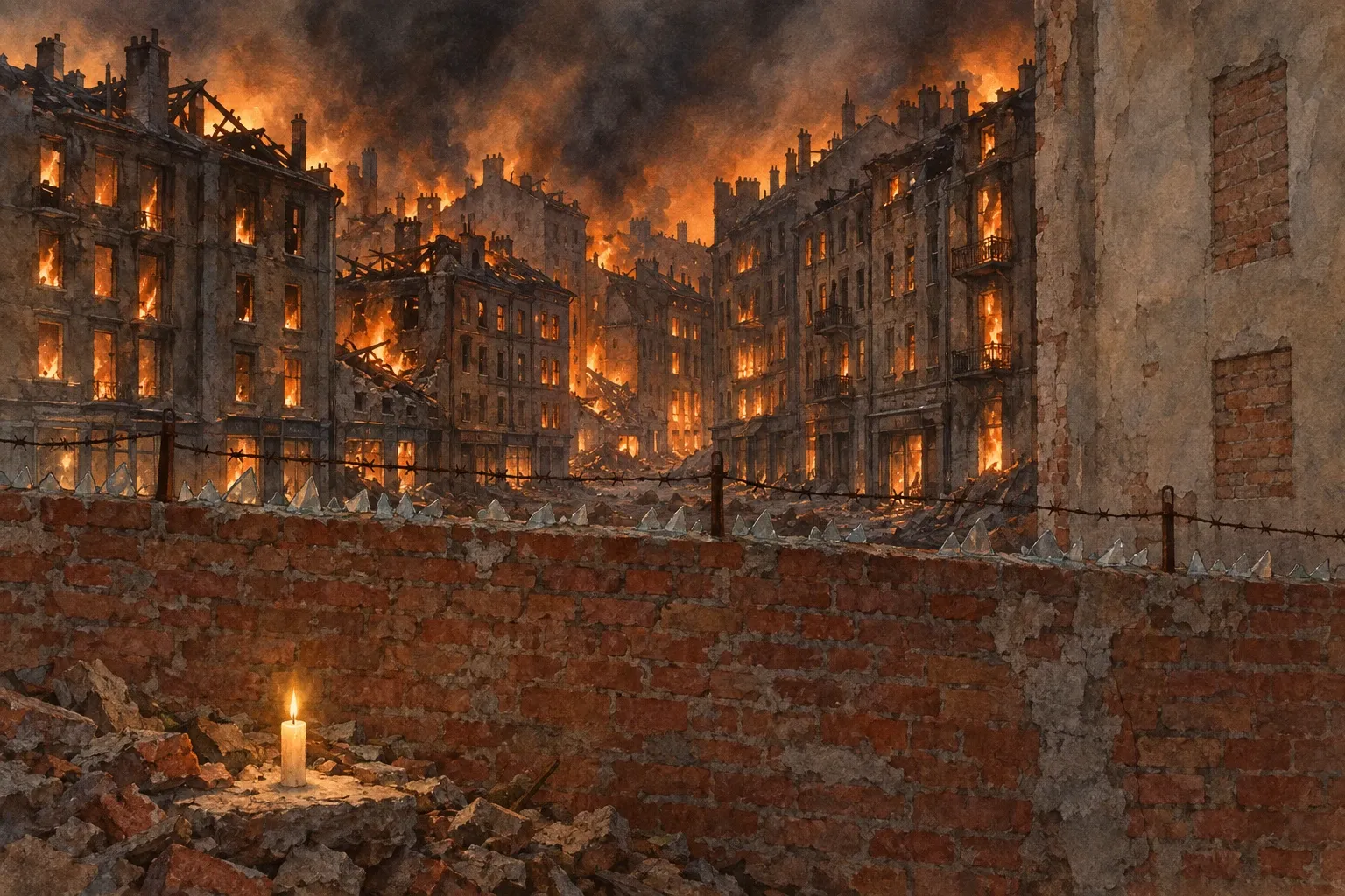 Nocą za ceglanym murem z drutem kolczastym płonie gęsto zabudowana dzielnica getta, a na pierwszym planie na gruzie pali się mała świeca.