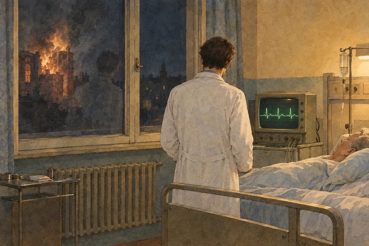 Lekarz widziany od tyłu stoi przy łóżku pacjenta na sali kardiologicznej i patrzy na zielony zapis rytmu serca, a za oknem, jak powracające wspomnienie, płoną kamienice getta.