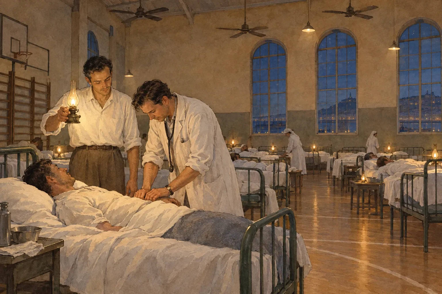 Nocą w prowizorycznym szpitalu urządzonym w szkole zmęczony doktor pochyla się nad chorym, a jego przyjaciel pomaga mu, trzymając lampę.