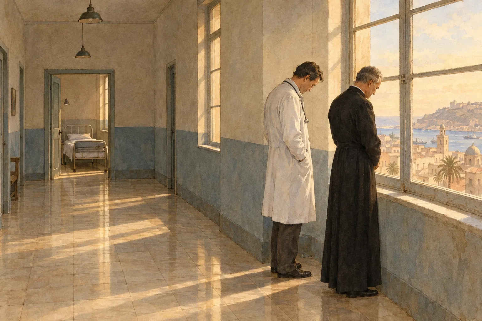 W szpitalnym korytarzu lekarz i ksiądz stoją obok siebie przy oknie w milczeniu, ze spuszczonymi głowami, po śmierci chorego dziecka.