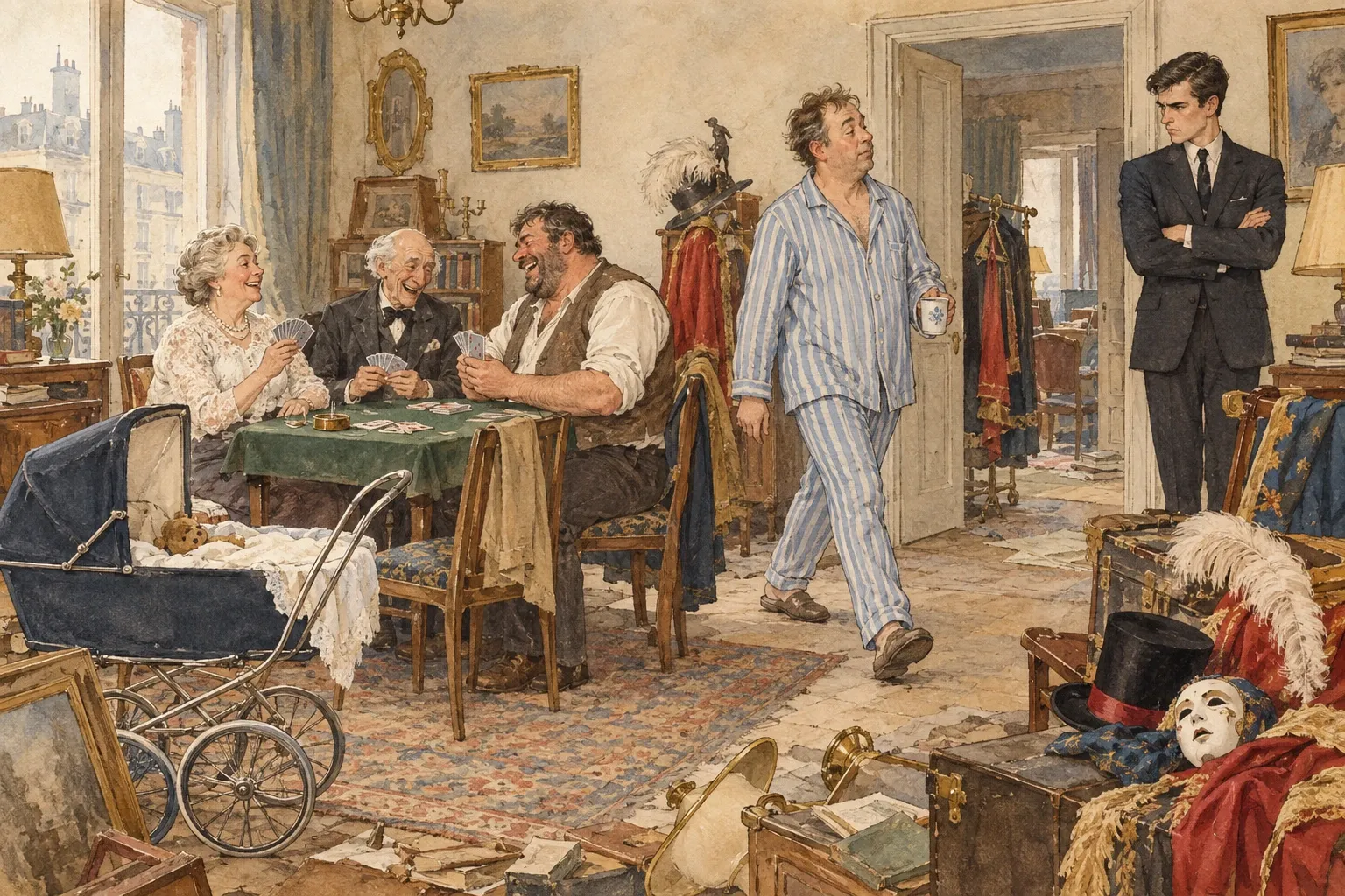 Babcia, starszy pan i krzepki Edek grają wesoło w karty w zabałaganionym pokoju, ojciec w piżamie przechodzi obok, a młody Artur w eleganckim garniturze stoi z boku z założonymi rękami.